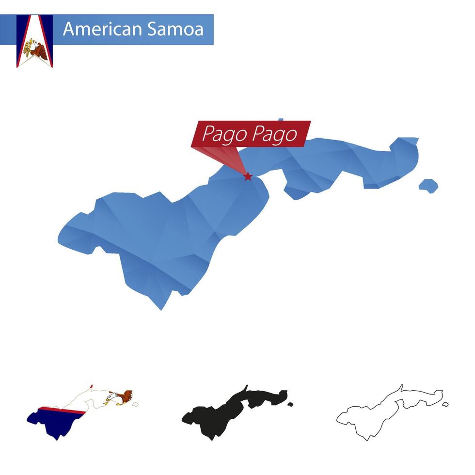 Samoa americana mapa de baixo poli azul com capital pago pago. vetor