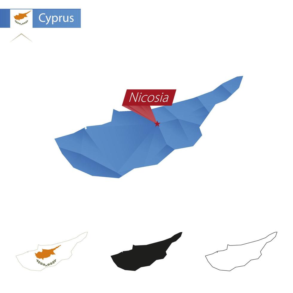 mapa de baixo poli azul chipre com capital nicósia. vetor