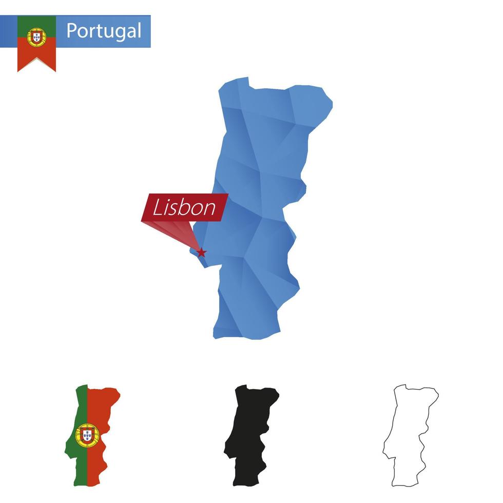mapa de baixo poli azul de portugal com capital lisboa. vetor