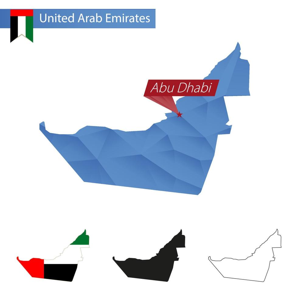 mapa de baixo poli azul dos Emirados Árabes Unidos com capital abu dhabi. vetor