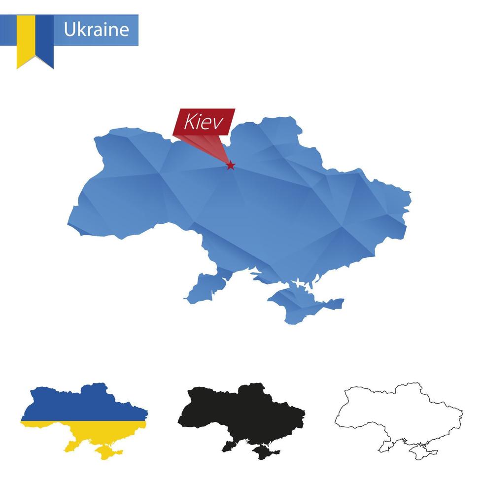 Mapa de baixo poli azul da Ucrânia com capital Kiev. vetor