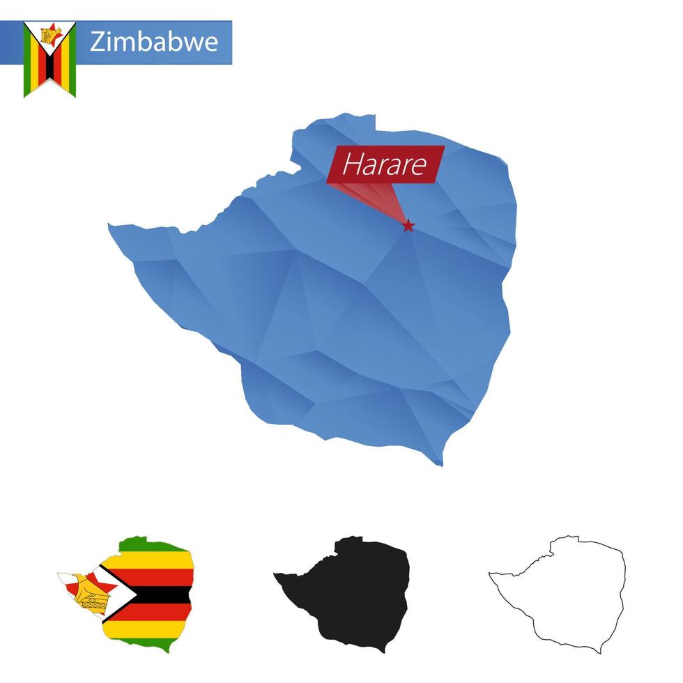 mapa de baixo poli zimbabwe azul com capital harare. vetor