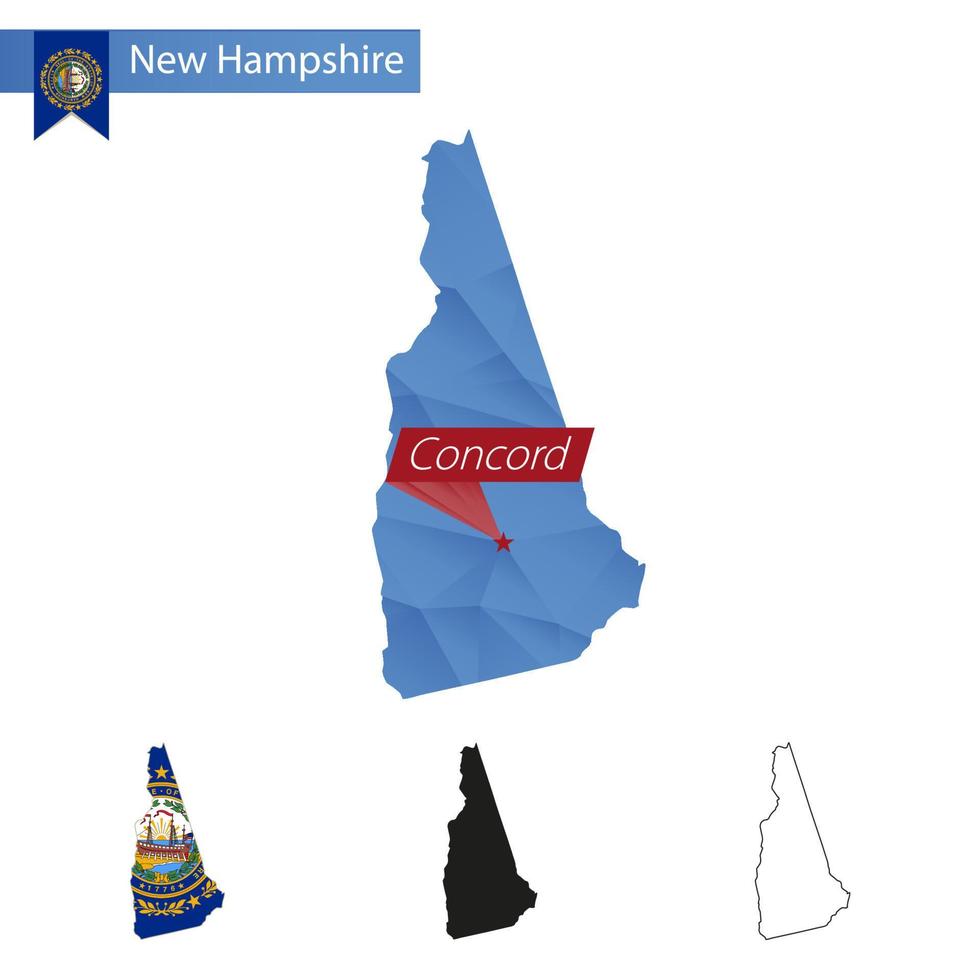 mapa de baixo poli azul do estado de new hampshire com acordo de capital. vetor