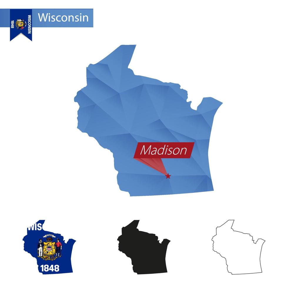 mapa de baixo poli azul do estado de wisconsin com capital madison. vetor