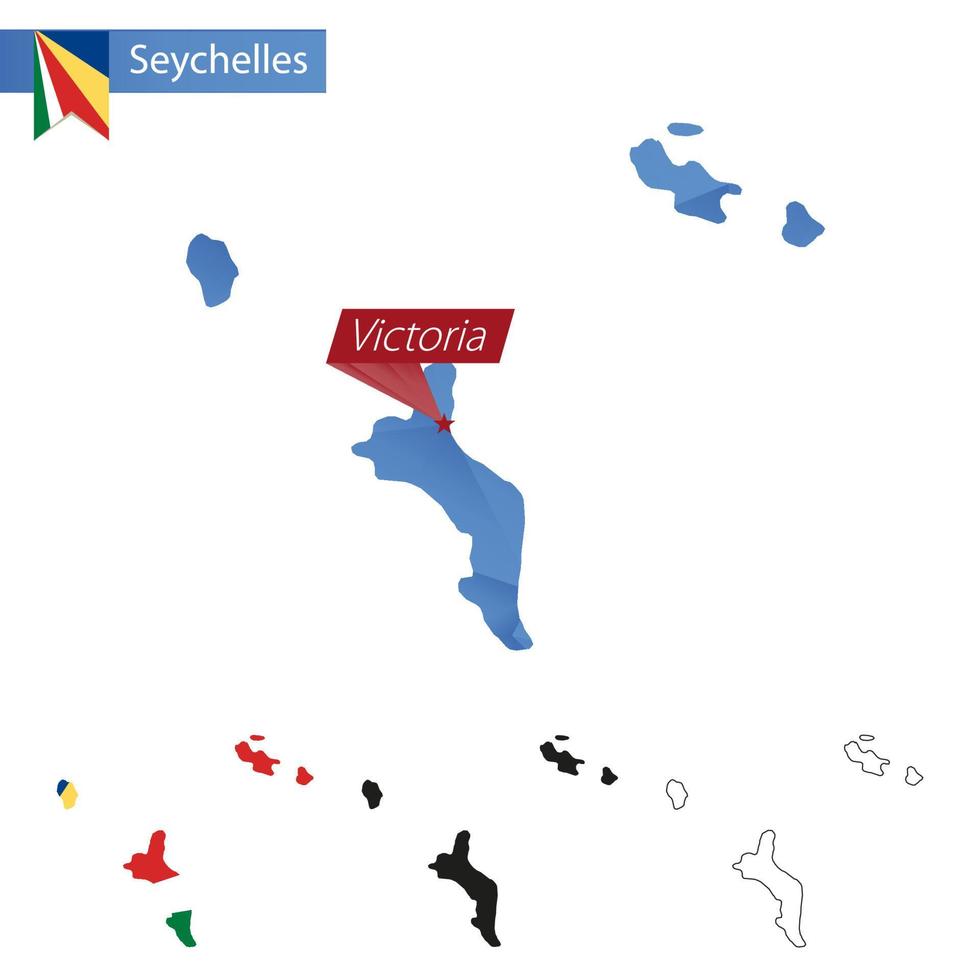 Seychelles mapa de baixo poli azul com capital victoria. vetor