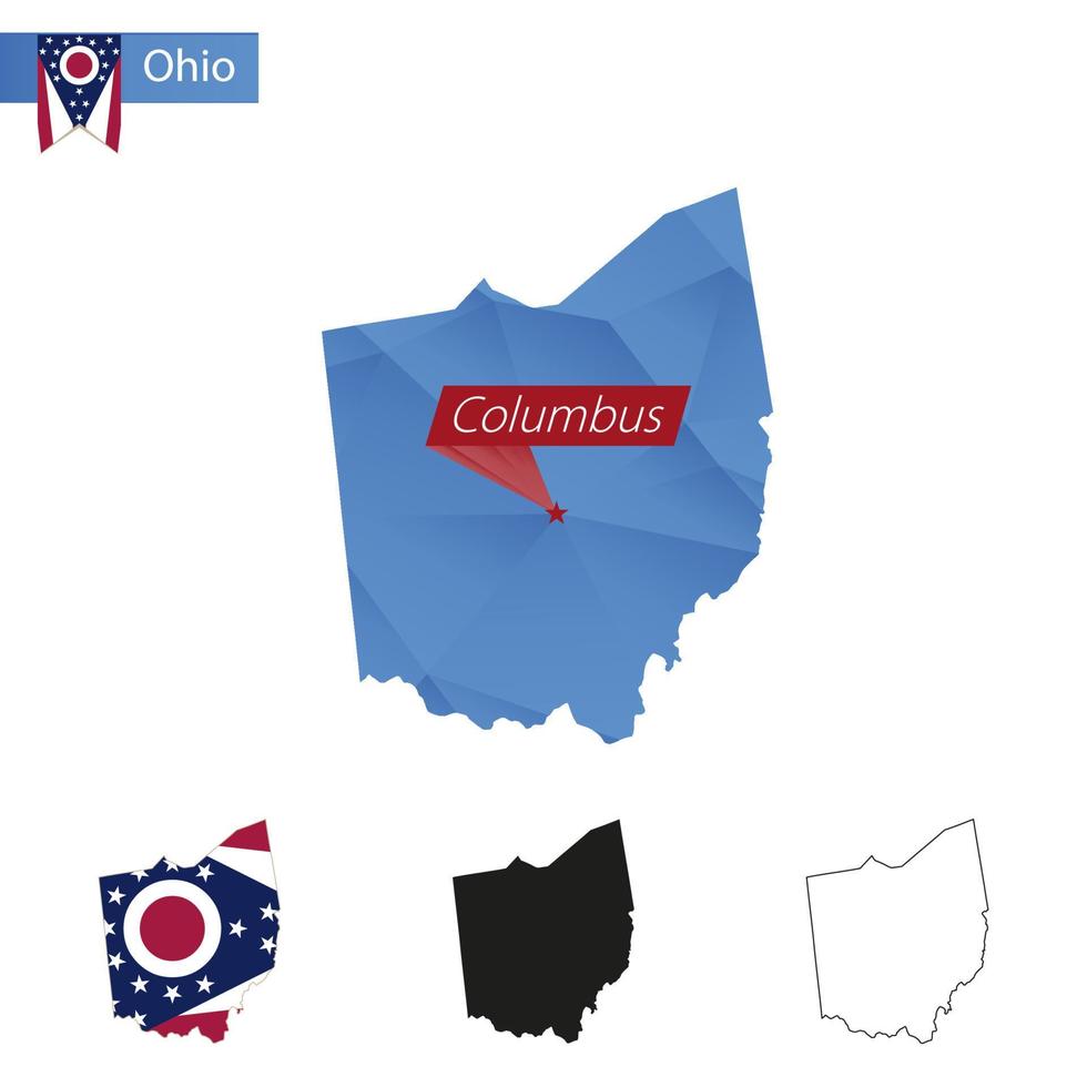 mapa de baixo poli azul do estado de ohio com capital columbus. vetor