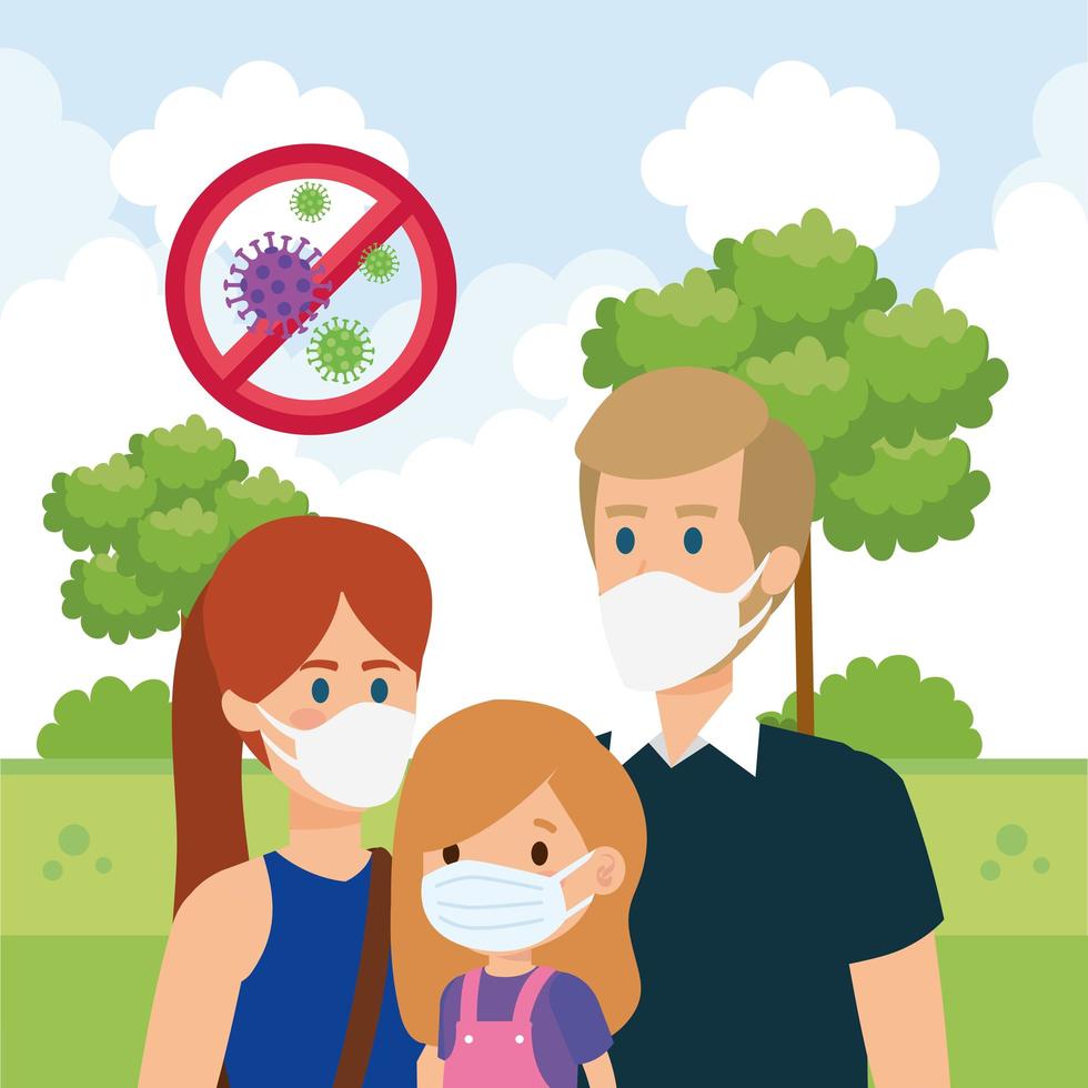 pais com filha usando máscara facial na paisagem vetor