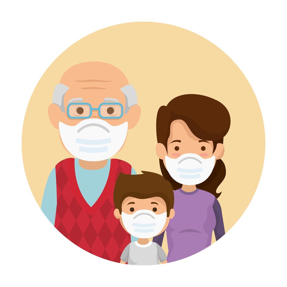 mãe com avô e filho usando máscara facial em moldura circular vetor