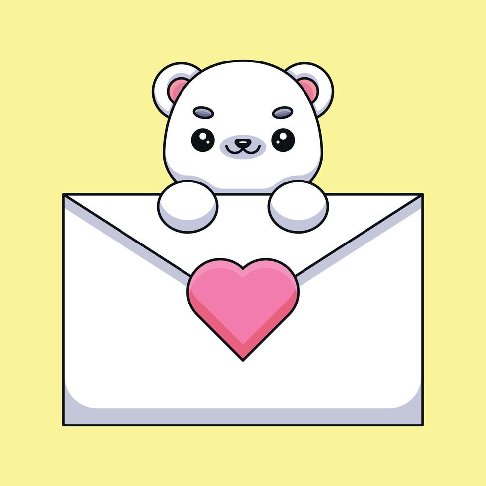 fofo urso polar segurando uma carta de amor mascote dos desenhos animados doodle arte mão desenhada contorno conceito vetor ilustração ícone kawaii