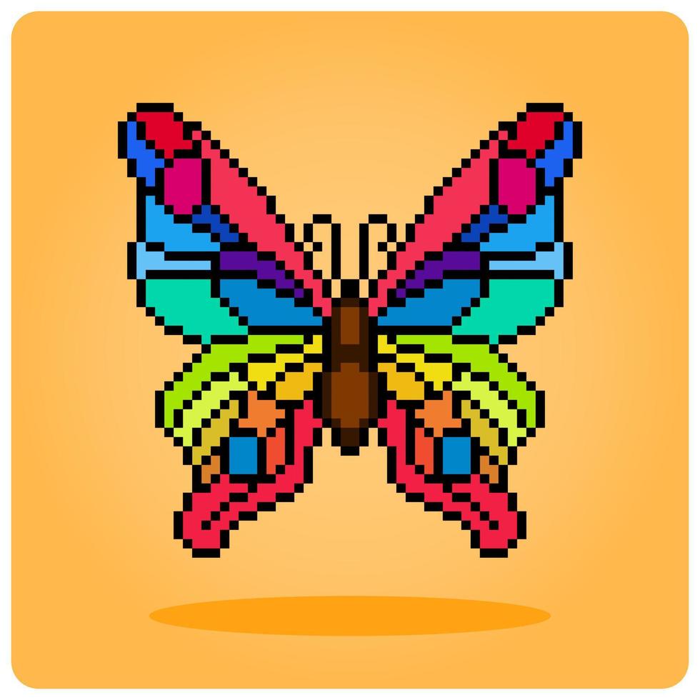 Borboleta colorida de pixel de 8 bits. animais para ponto cruz em ilustração vetorial. vetor