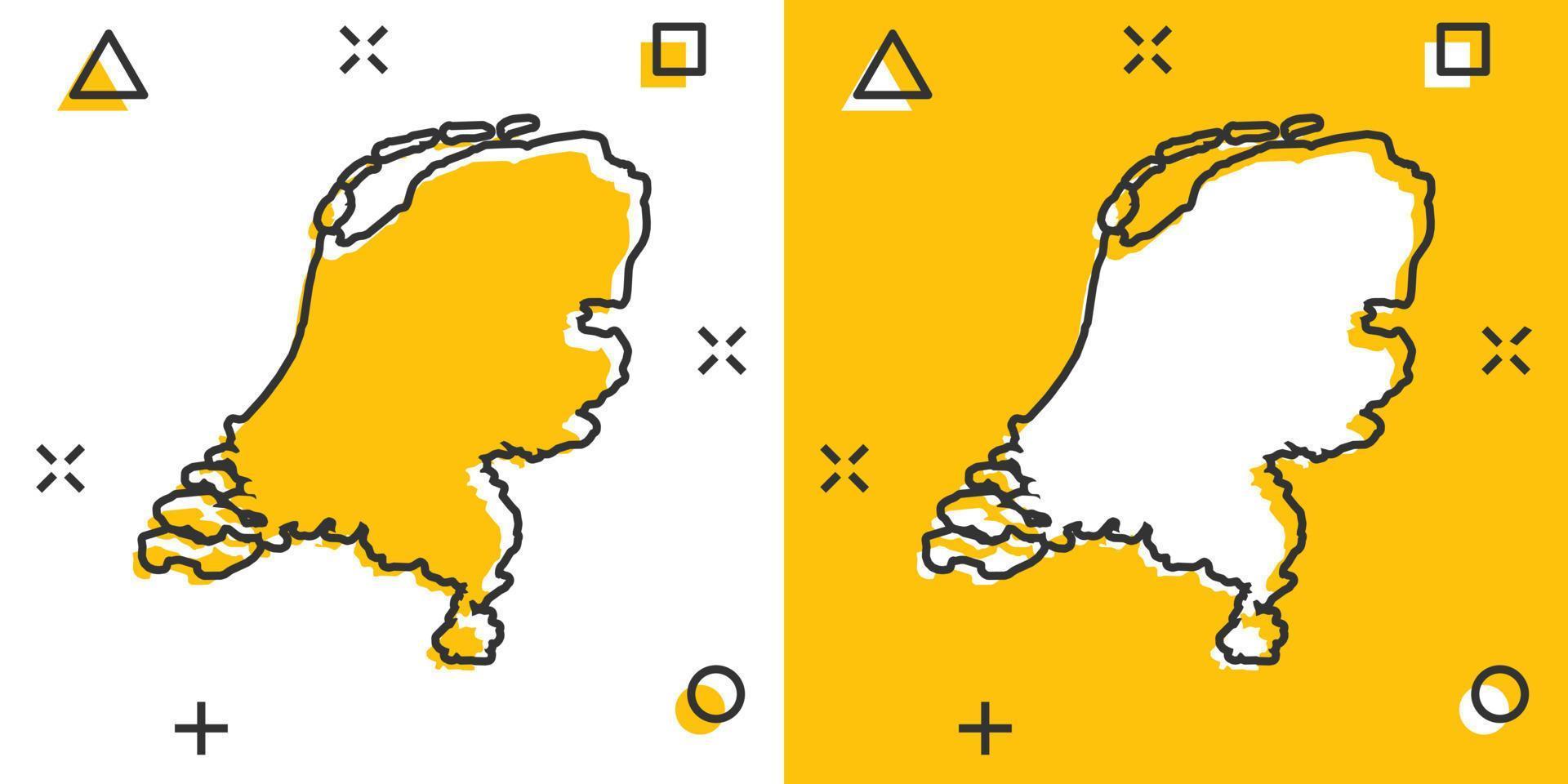 ícone do mapa de holanda dos desenhos animados vetoriais em estilo cômico. Holanda assina pictograma de ilustração. conceito de efeito de respingo de negócios de mapa de cartografia. vetor