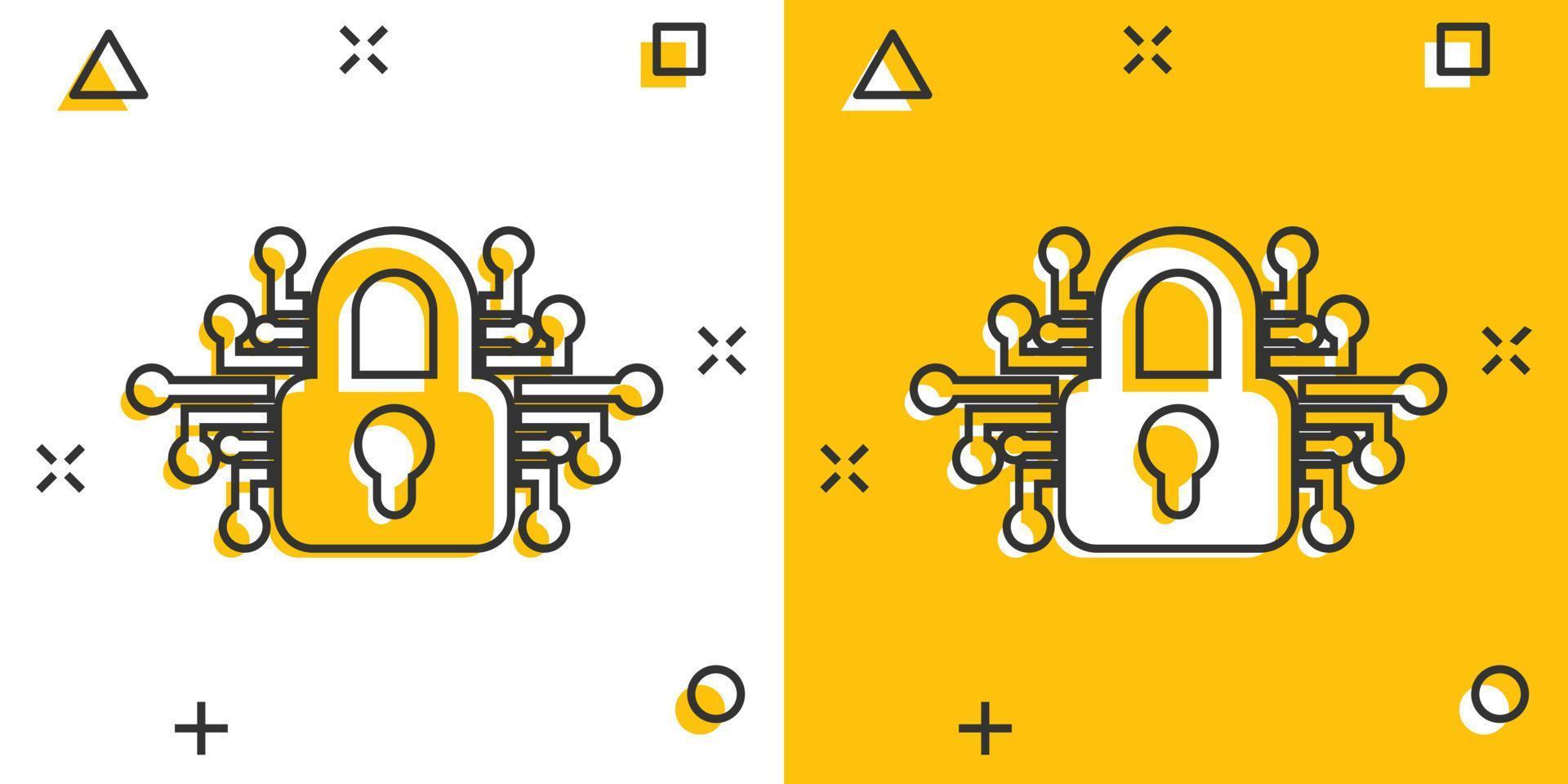 ícone de segurança cibernética em estilo cômico. cadeado bloqueado ilustração dos desenhos animados do vetor no fundo branco isolado. efeito de respingo de conceito de negócio de senha fechada.