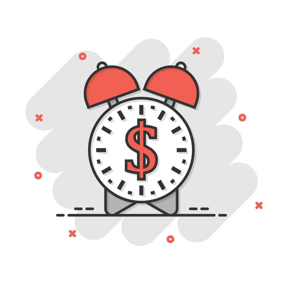 tempo é ícone de dinheiro em estilo cômico. relógio com ilustração em vetor desenho dólar em fundo branco isolado. conceito de negócio de efeito de respingo de moeda.