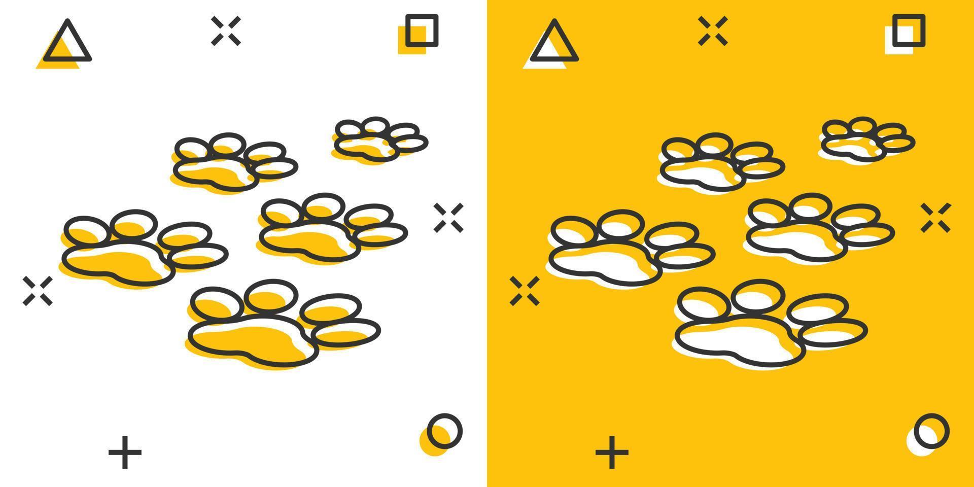 ícone de impressão de pata de desenho vetorial em estilo cômico. cachorro, gato, pictograma de ilustração de sinal de pata de urso. conceito de efeito de respingo de negócios de pé animal. vetor