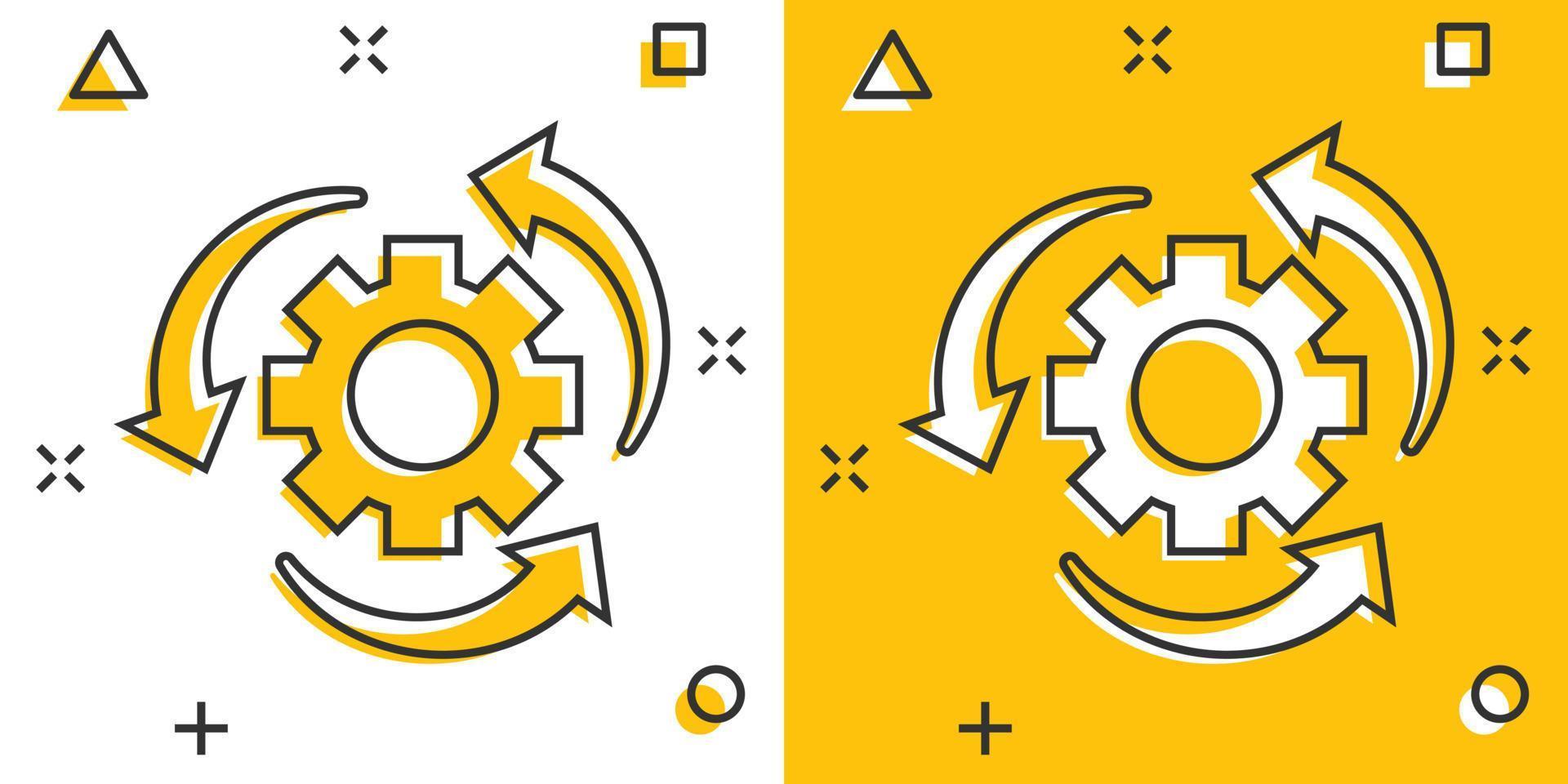 ícone do processo de fluxo de trabalho em estilo cômico. roda dentada de engrenagem com pictograma de ilustração de desenho vetorial de setas. efeito de respingo de conceito de negócios de fluxo de trabalho. vetor