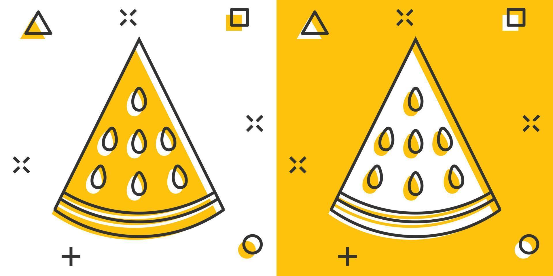 ícone de fruta de melancia de desenho vetorial em estilo cômico. pictograma de ilustração de sinal de baga madura. conceito de efeito de respingo de negócios de melancia. vetor