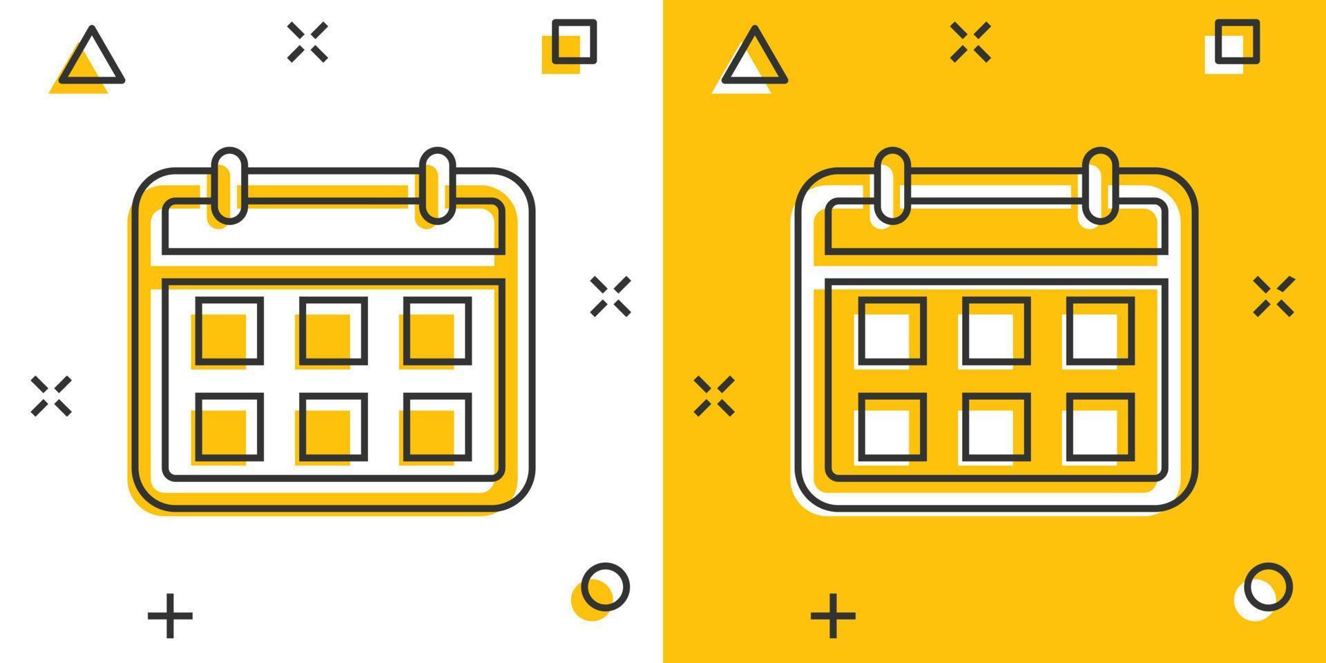 ícone de agenda de calendário em estilo cômico. planejador pictograma de ilustração vetorial dos desenhos animados. efeito de respingo de conceito de negócio de calendário. vetor