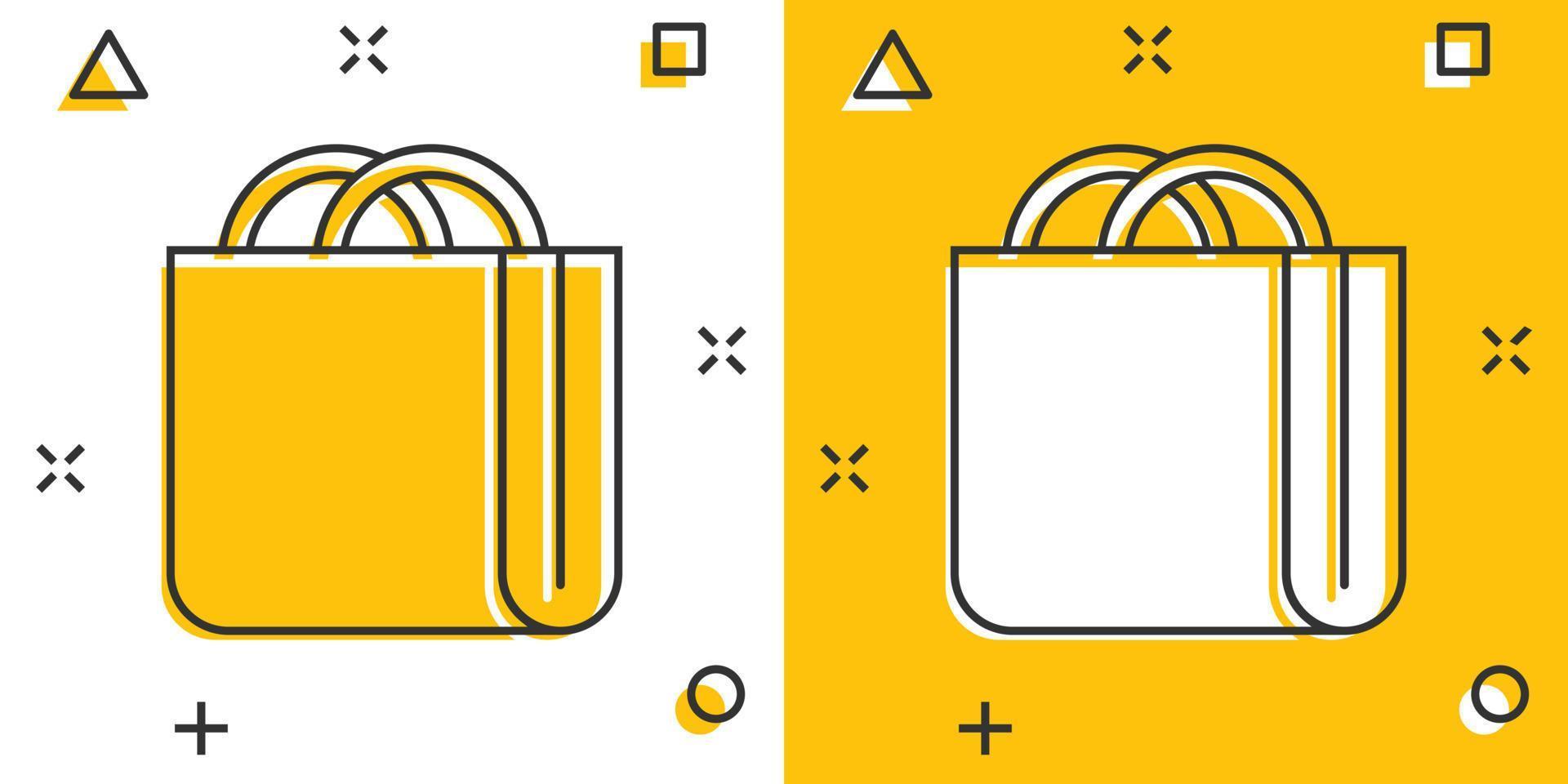 ícone de sacola de compras em estilo cômico. ilustração em vetor sinal bolsa dos desenhos animados no fundo branco isolado. conceito de negócio de efeito de respingo de pacote.