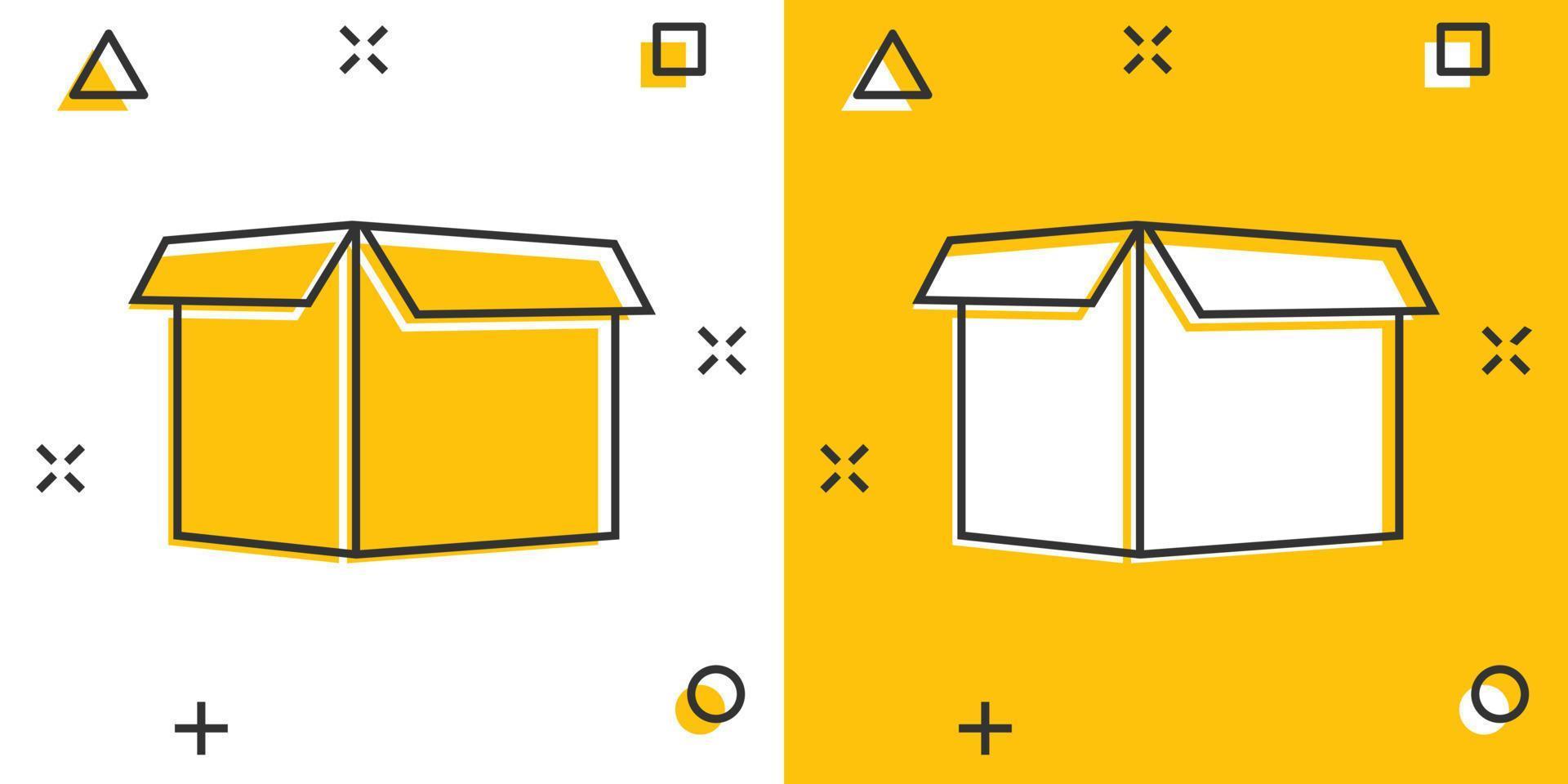 ícone de caixa de embalagem de desenho vetorial em estilo cômico. pictograma de ilustração de sinal de pacote de envio. conceito de efeito de respingo de negócios de caixa. vetor