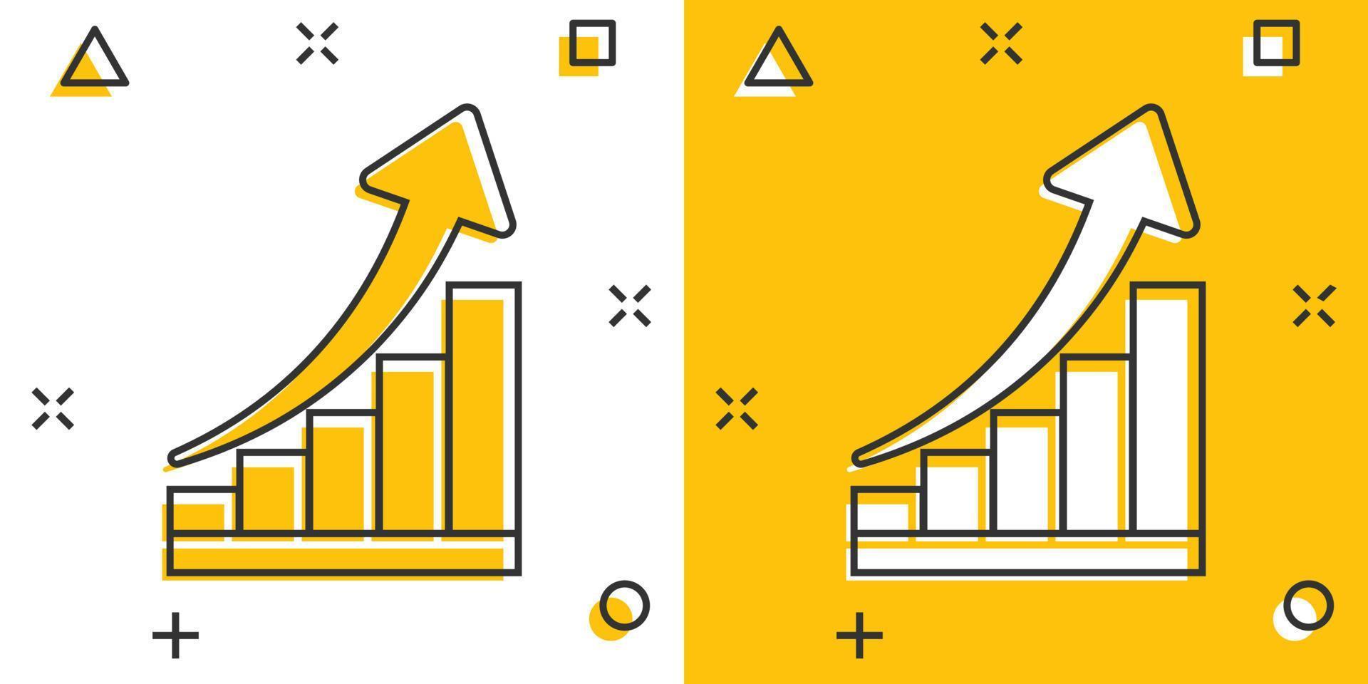 ícone de gráfico de crescimento de desenho vetorial em estilo cômico. cresça o pictograma da ilustração do sinal do diagrama. aumentar o conceito de efeito de respingo de negócios de seta. vetor