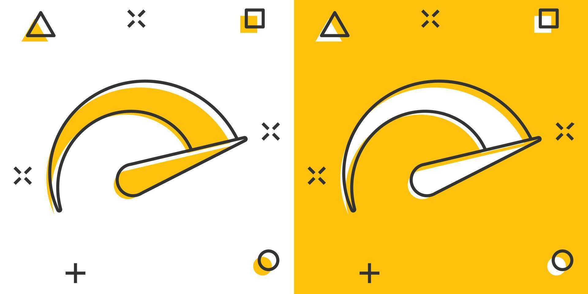 ícone de sinal de nível do velocímetro em estilo cômico. acelere a ilustração dos desenhos animados do vetor no fundo branco isolado. efeito de respingo de conceito de negócio de tacômetro de movimento.