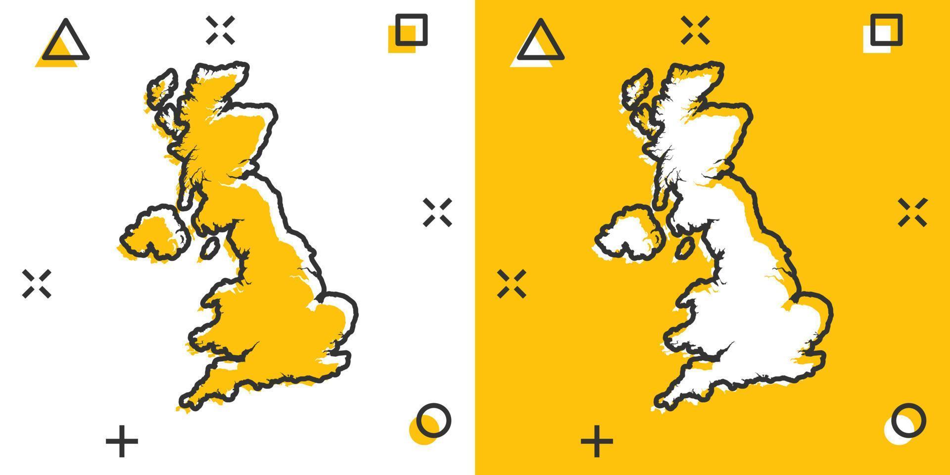 vetor cartoon ícone do mapa da Grã-Bretanha em estilo cômico. pictograma de ilustração de sinal da grã-bretanha. conceito de efeito de respingo de negócios de mapa de cartografia.