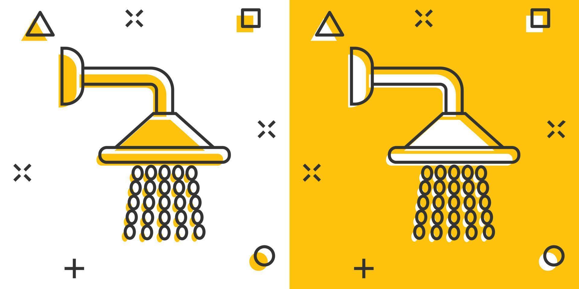 ícone de sinal de chuveiro em estilo cômico. água do banheiro dispositivo ilustração em vetor desenhos animados no fundo branco isolado. lavar o efeito de respingo do conceito de negócio.