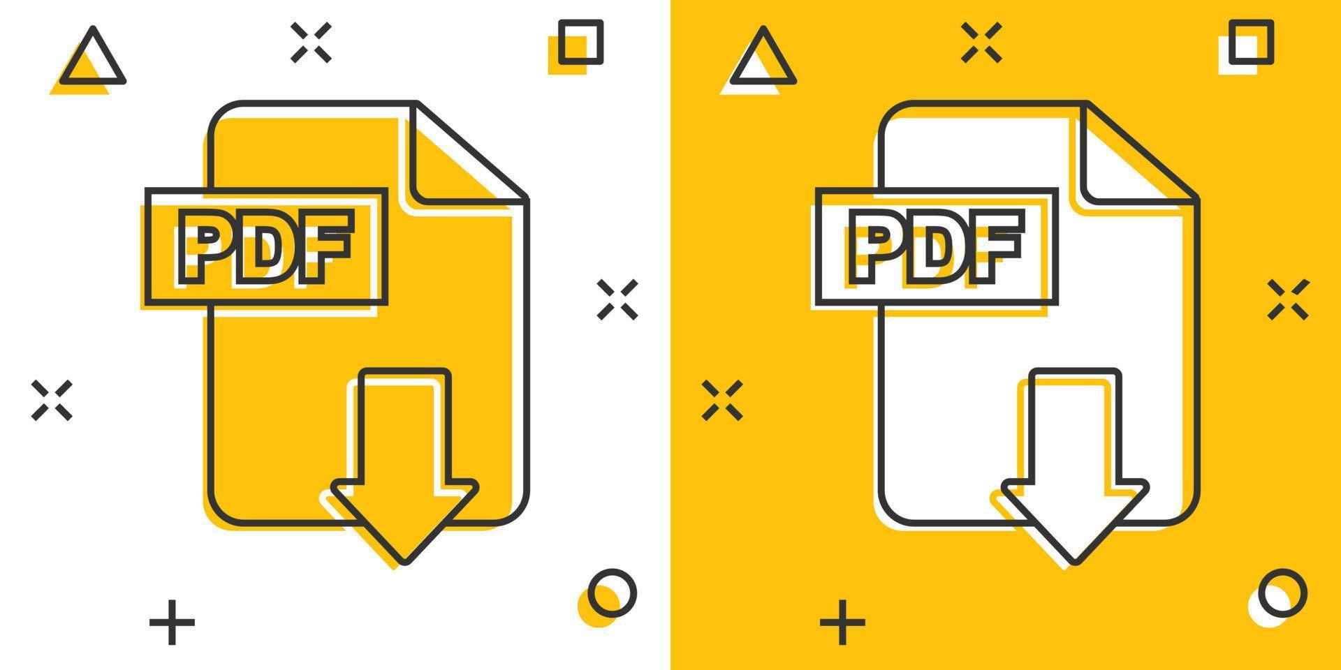 ícone de download de pdf de desenho vetorial em estilo cômico. pictograma de ilustração de sinal de formato pdf. conceito de efeito de respingo de negócios de documento. vetor