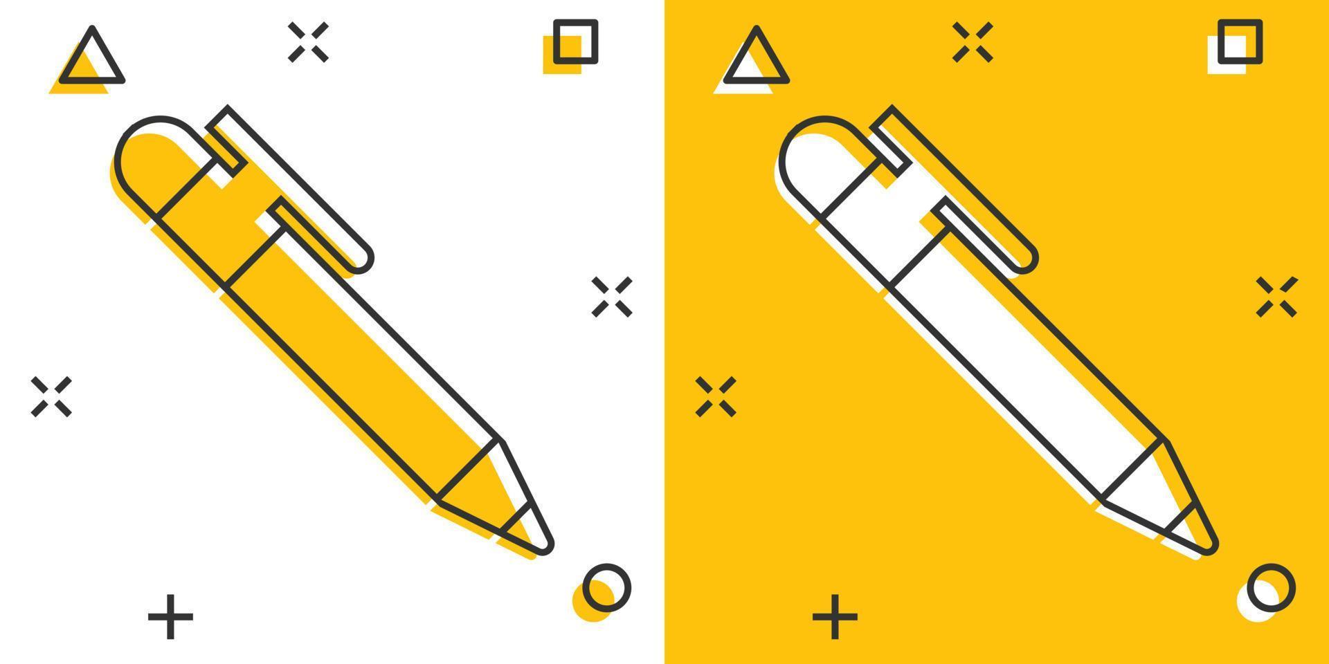 ícone de caneta em estilo cômico. pictograma de ilustração de desenho vetorial de marca-texto. efeito de respingo de conceito de negócio de caneta. vetor
