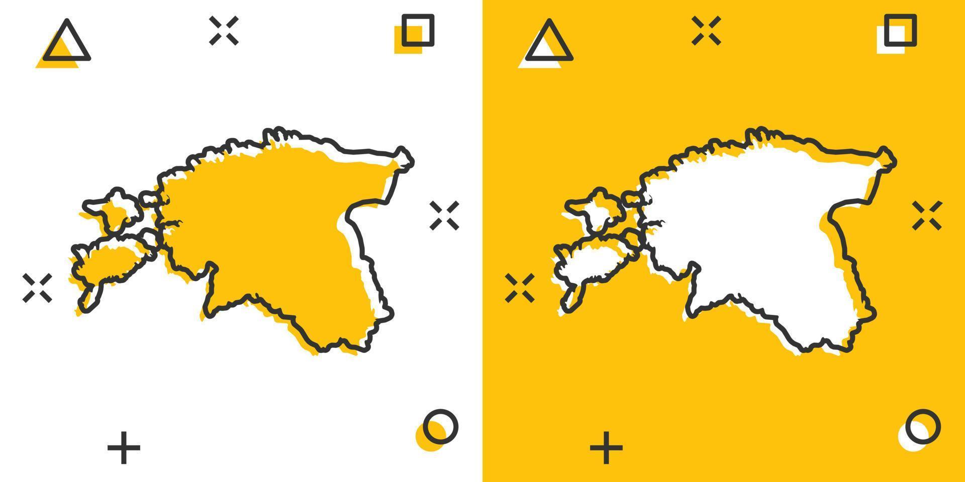 ícone do mapa da Estônia dos desenhos animados vetoriais em estilo cômico. Estônia assina ilustração pictograma. conceito de efeito de respingo de negócios de mapa de cartografia. vetor