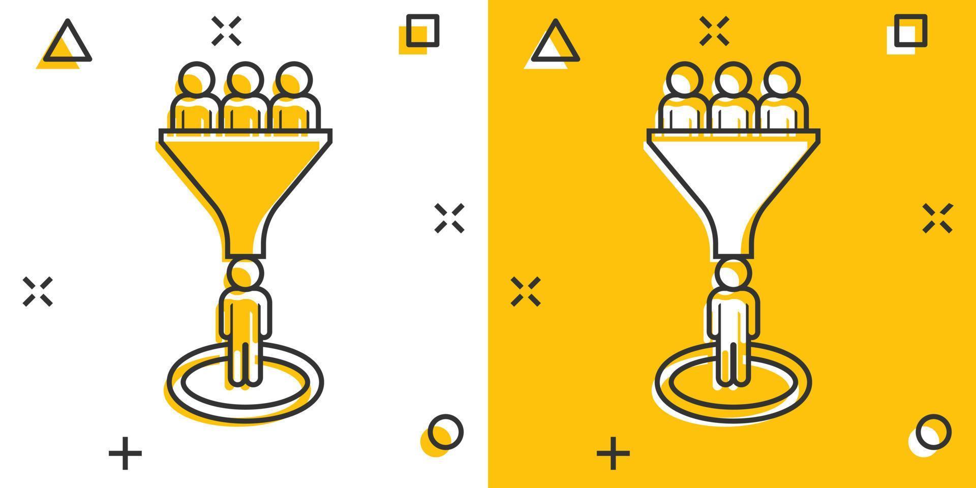 ícone de gerenciamento de chumbo em estilo cômico. funil com pictograma de ilustração de desenho animado de pessoas. efeito de respingo de conceito de negócio de cliente alvo. vetor