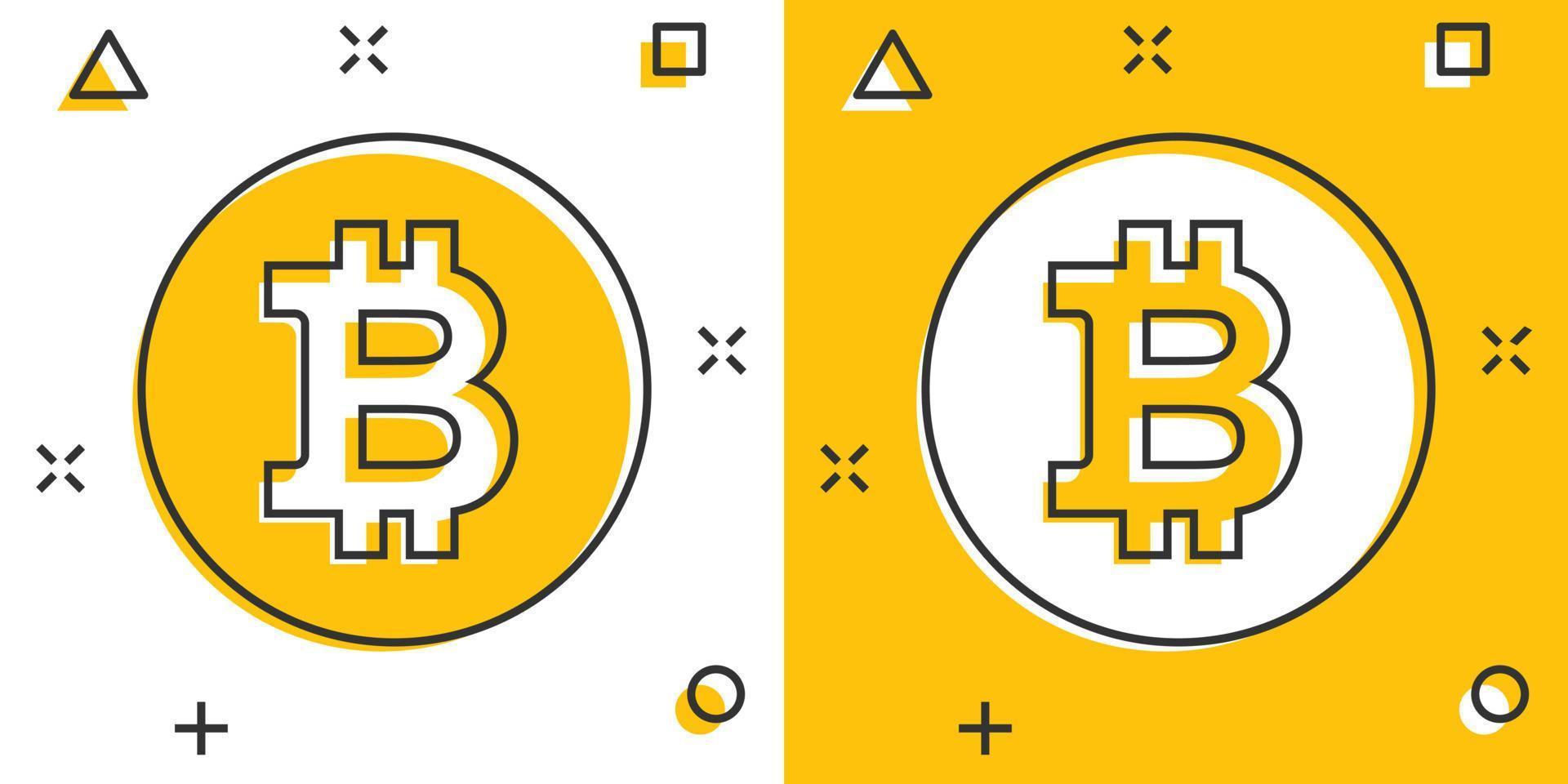 ícone de bitcoin em estilo cômico. ilustração em vetor blockchain dos desenhos animados em fundo branco isolado. conceito de negócio de efeito de respingo de criptomoeda.