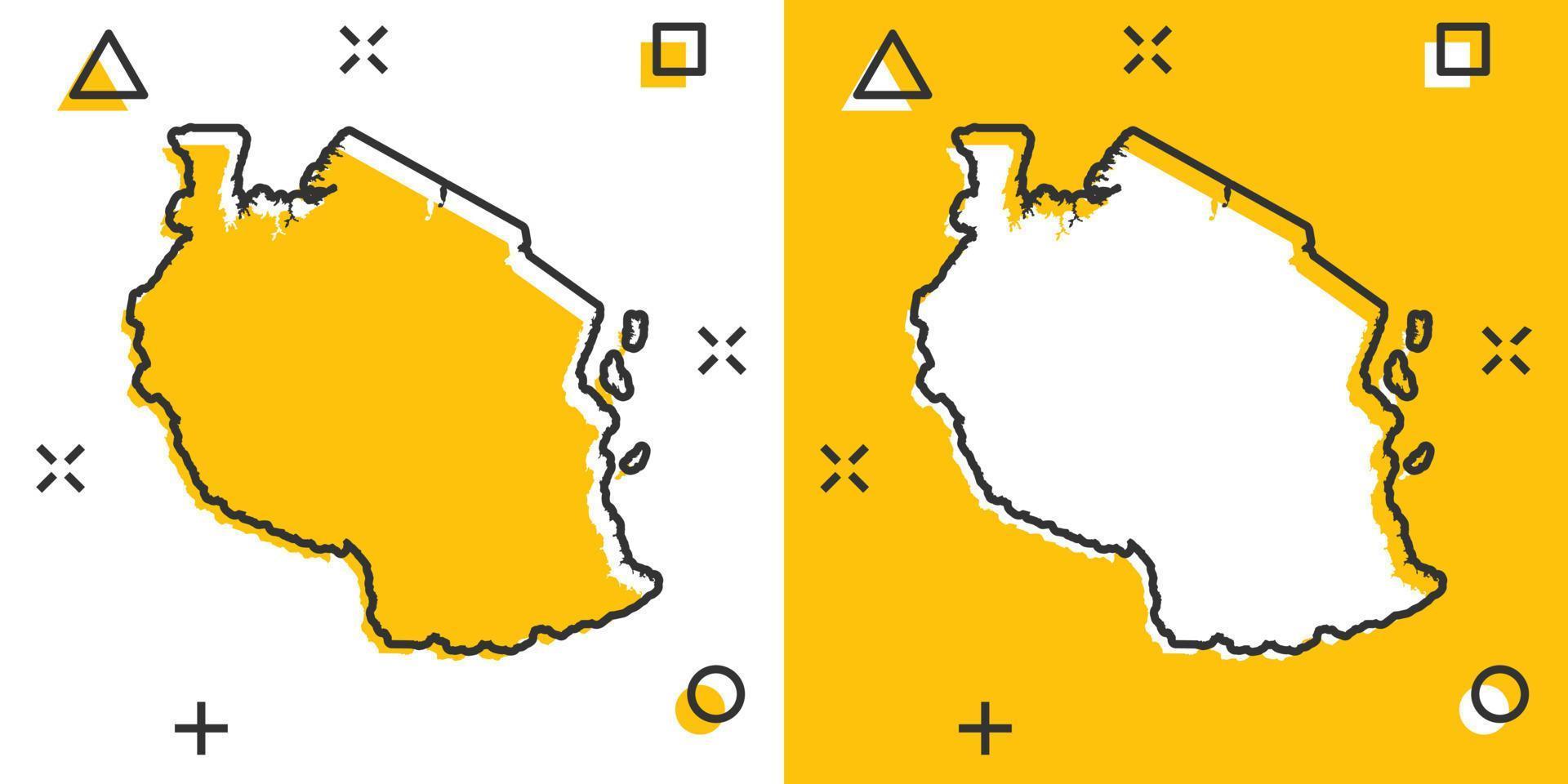 ícone do mapa da Tanzânia dos desenhos animados vetoriais em estilo cômico. pictograma de ilustração de sinal de tanzânia. conceito de efeito de respingo de negócios de mapa de cartografia. vetor