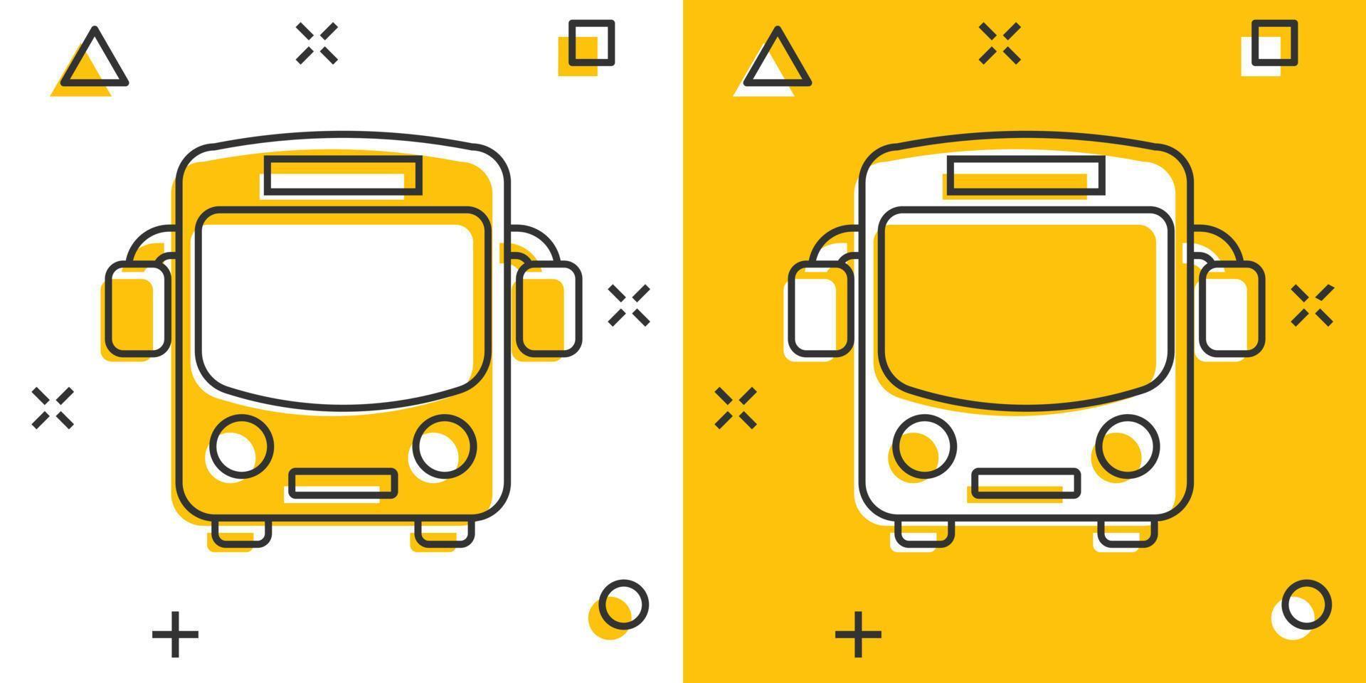 ícone de ônibus escolar em estilo cômico. autobus vector cartoon ilustração sobre fundo branco isolado. efeito de respingo de conceito de negócio de transporte de ônibus.