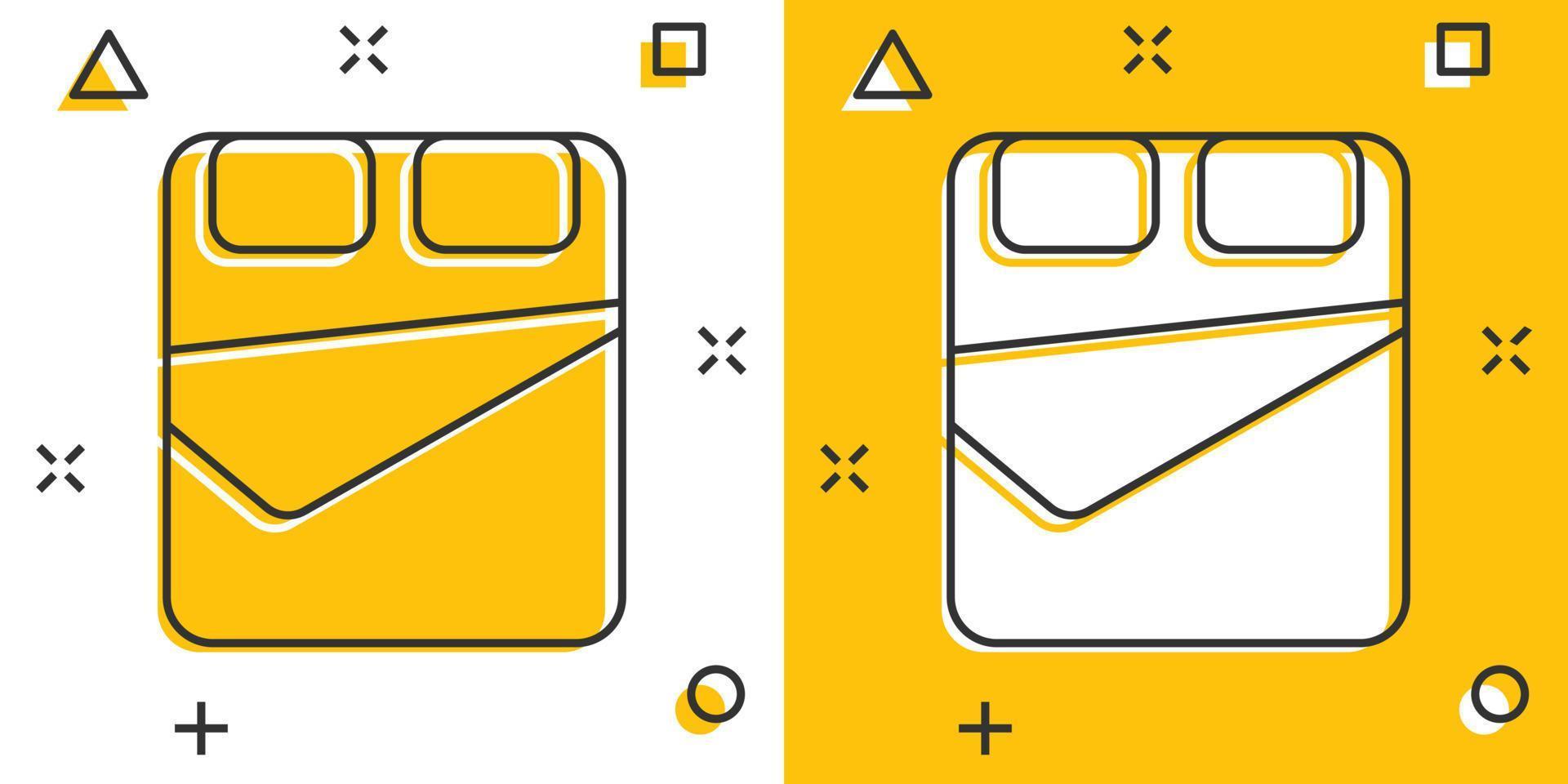 ícone de cama em estilo cômico. quarto dos desenhos animados sinal ilustração vetorial no fundo branco isolado. conceito de negócio de efeito de respingo de cama. vetor