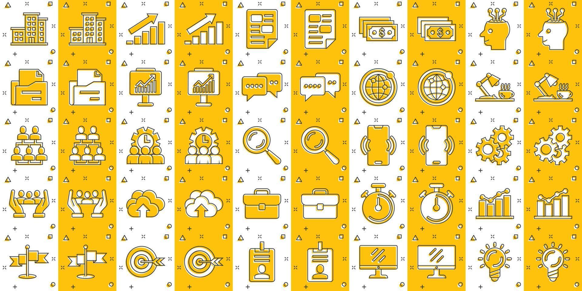 ícones de negócios definidos em estilo cômico. finanças estratégia ilustração vetorial dos desenhos animados no fundo branco isolado. conceito de negócio de efeito de respingo de marketing. vetor