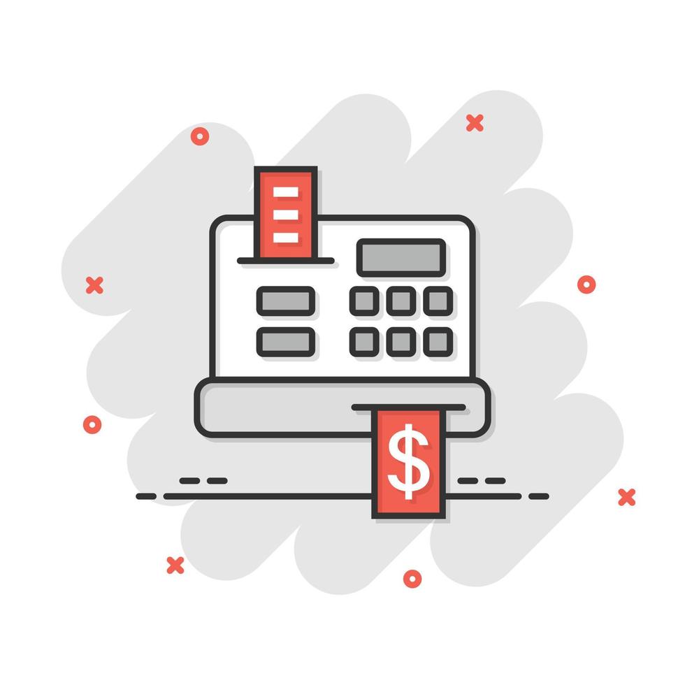 ícone de caixa registradora em estilo cômico. verifique a ilustração em vetor máquina dos desenhos animados no fundo branco isolado. conceito de negócio de efeito de respingo de pagamento.