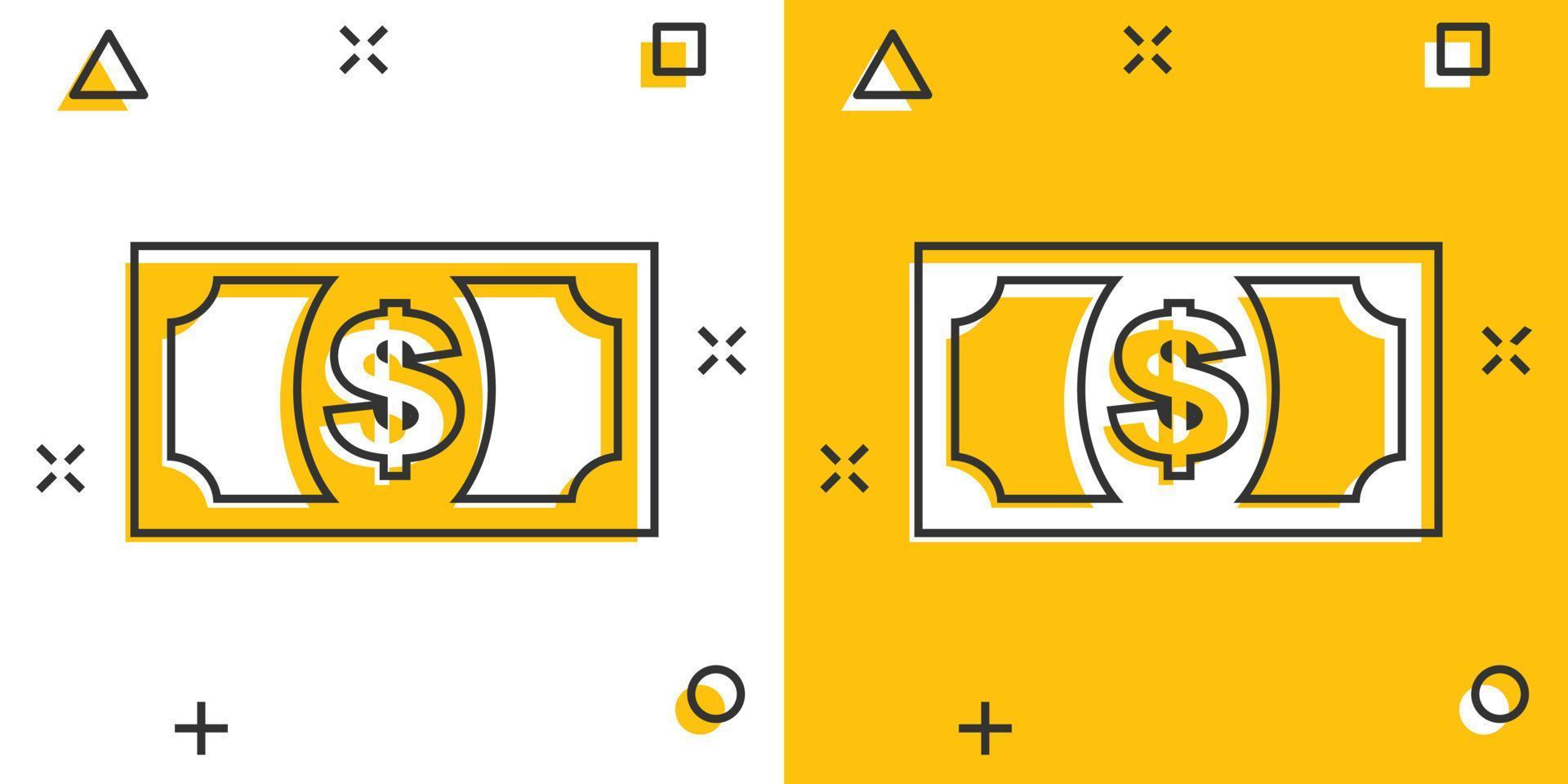 ícone de dinheiro de dólar de desenho vetorial em estilo cômico. pictograma de ilustração cifrão. conceito de efeito de respingo de negócios de moeda. vetor