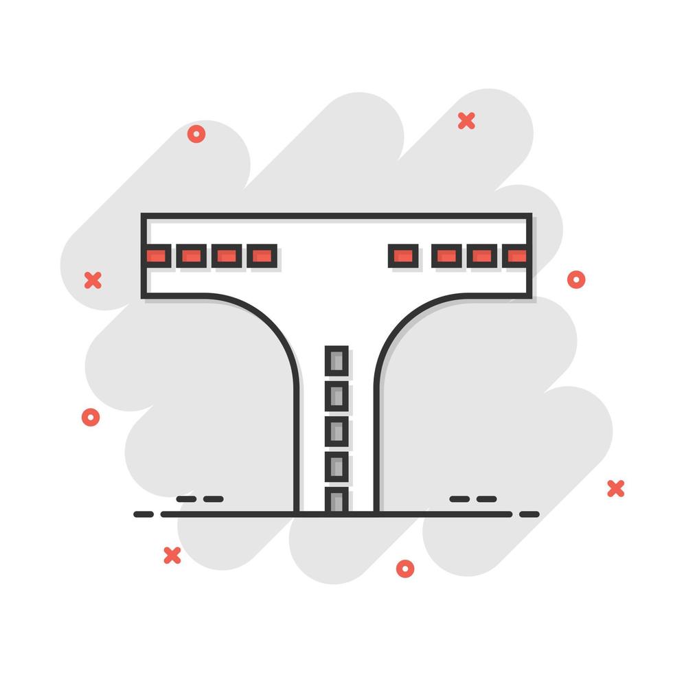 ícone de encruzilhada em estilo cômico. estrada direção navegação ilustração vetorial dos desenhos animados no fundo branco isolado. localize o conceito de negócio de efeito de respingo de posição de pino. vetor