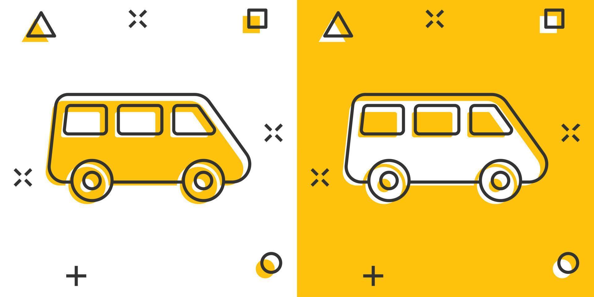 ícone de sinal de minivan de passageiros em estilo cômico. carro ônibus vector ilustração dos desenhos animados no fundo branco isolado. efeito de respingo de conceito de negócio de banner de caminhão de entrega.