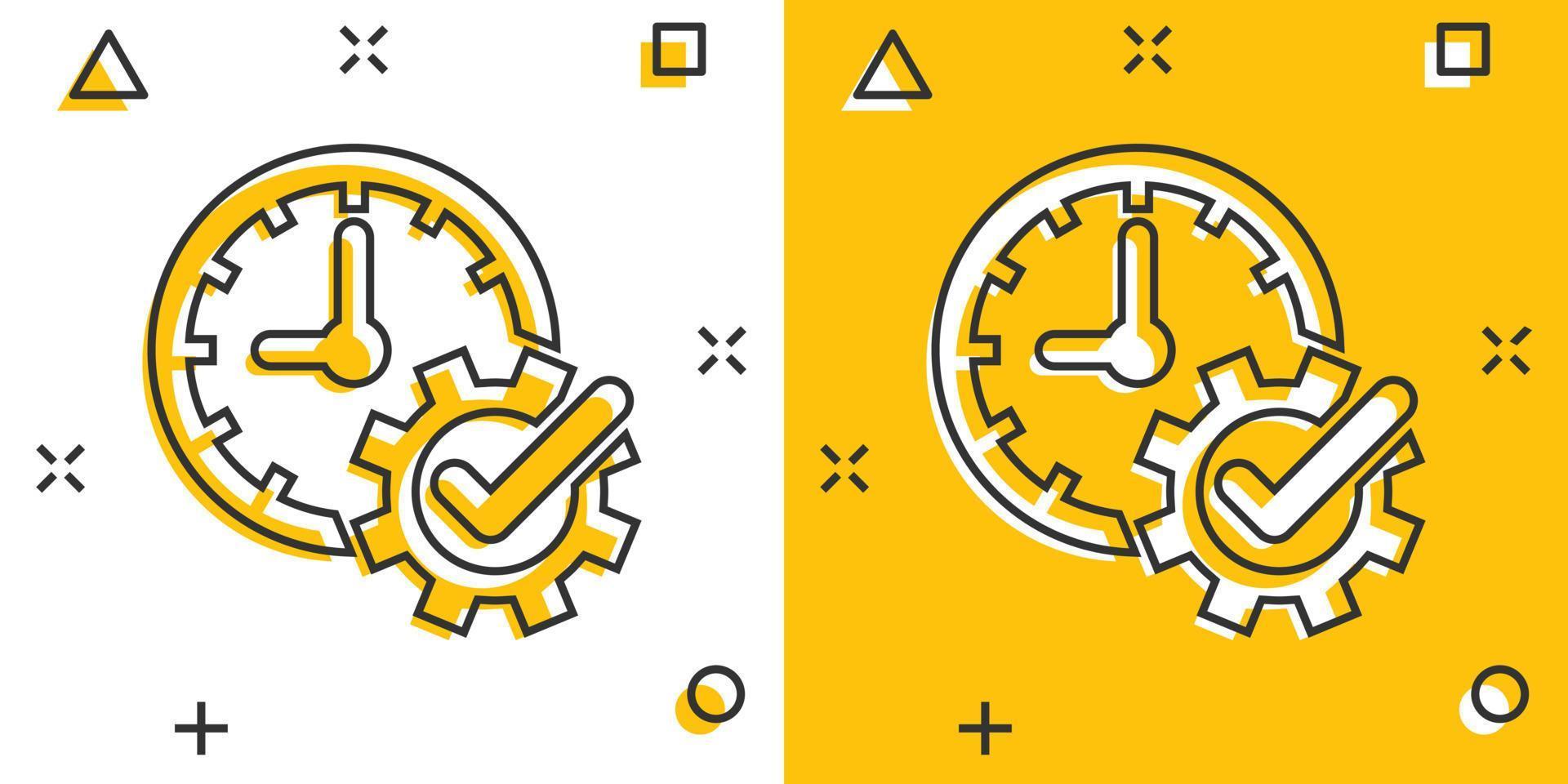 marca de seleção no ícone do relógio em estilo cômico. engrenagem com ilustração em vetor tempo dos desenhos animados sobre fundo branco isolado. conceito de negócio de efeito de respingo de produção.