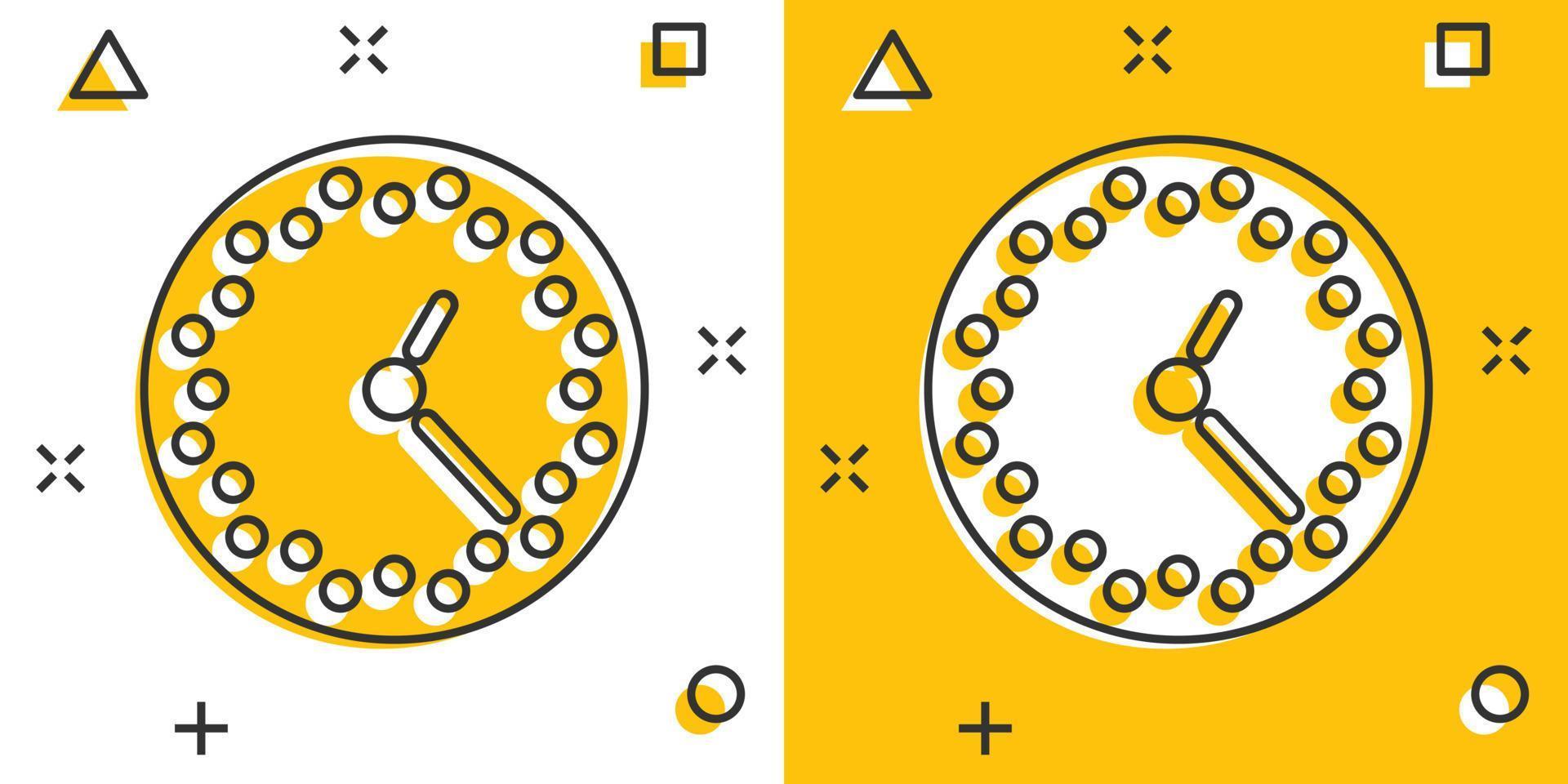 ícone de relógio em estilo cômico. assista a ilustração vetorial dos desenhos animados em fundo branco isolado. conceito de negócio de efeito de respingo de temporizador. vetor