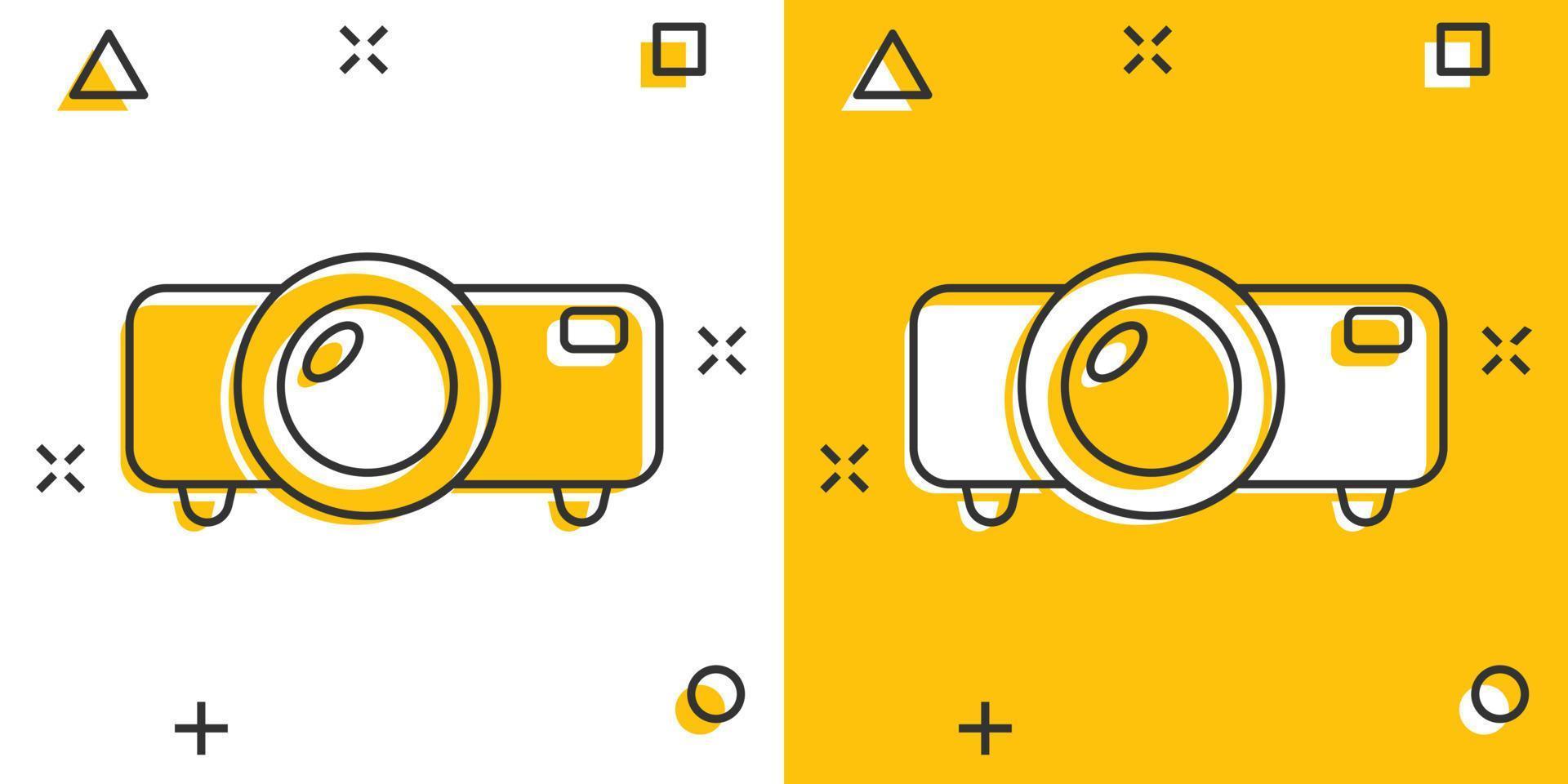 ícone de sinal de projetor de vídeo em estilo cômico. ilustração de desenho vetorial de dispositivo de apresentação de cinema em fundo branco isolado. efeito de respingo de conceito de negócios de conferência. vetor