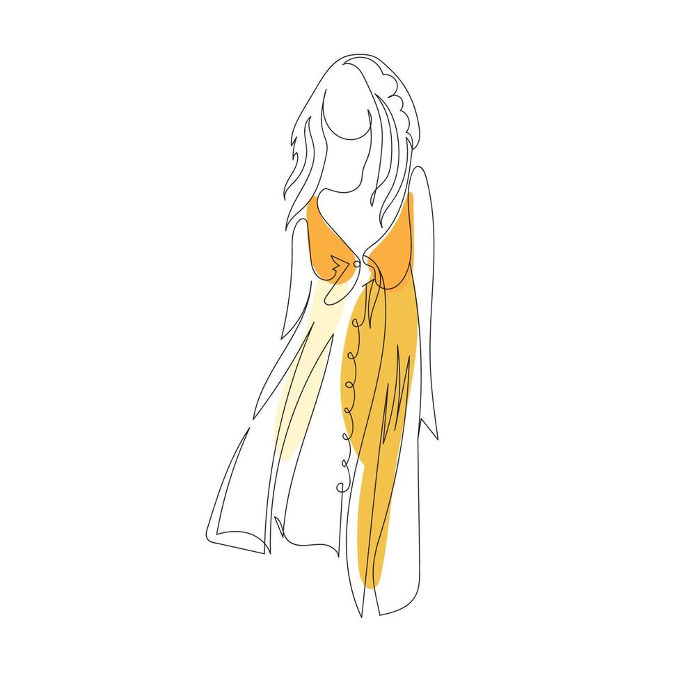 desenho de linha contínua de ilustração de corpo de mulher em vestido amarelo verão vetor