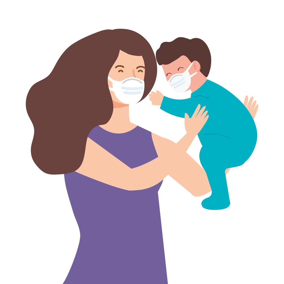 mulher com filho usando máscara facial vetor