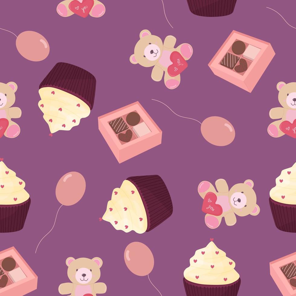 padrão sem emenda de dia dos namorados. ilustração vetorial com ursinho de pelúcia, cupcake, balões e chocolate. vetor