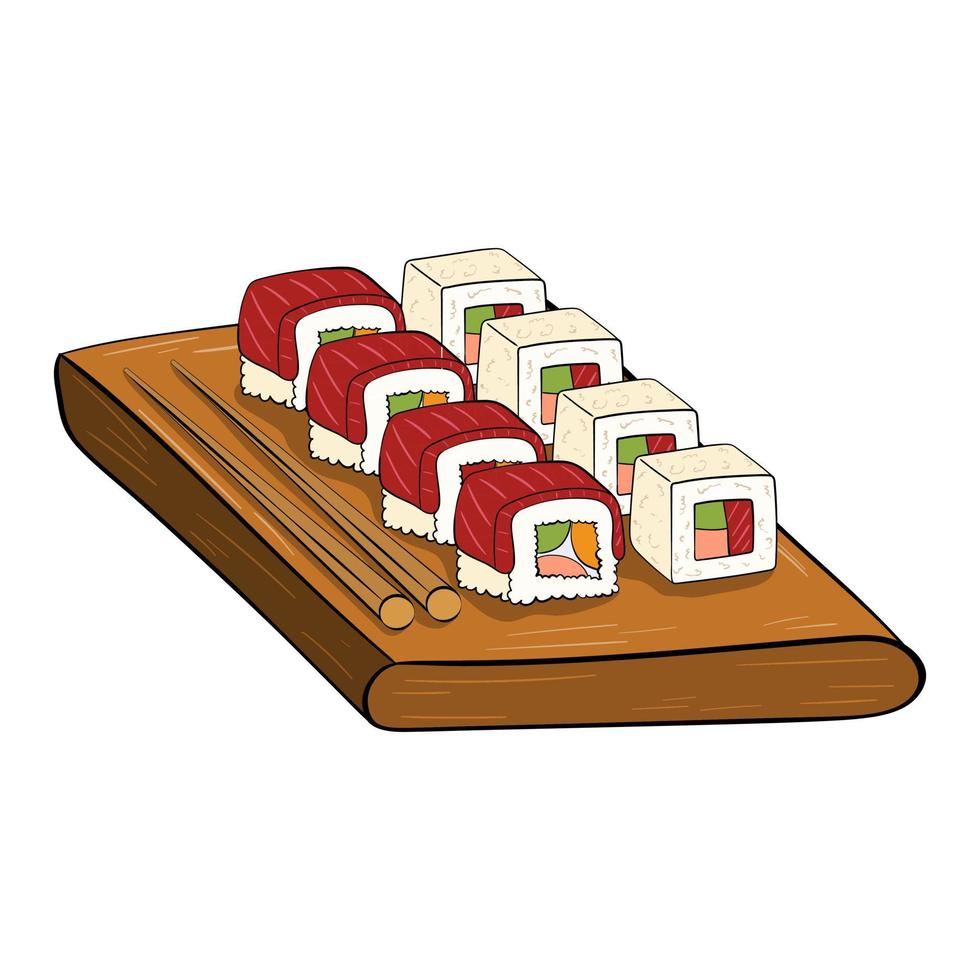 um conjunto de sushi no tabuleiro. ilustração vetorial em um fundo branco. vetor