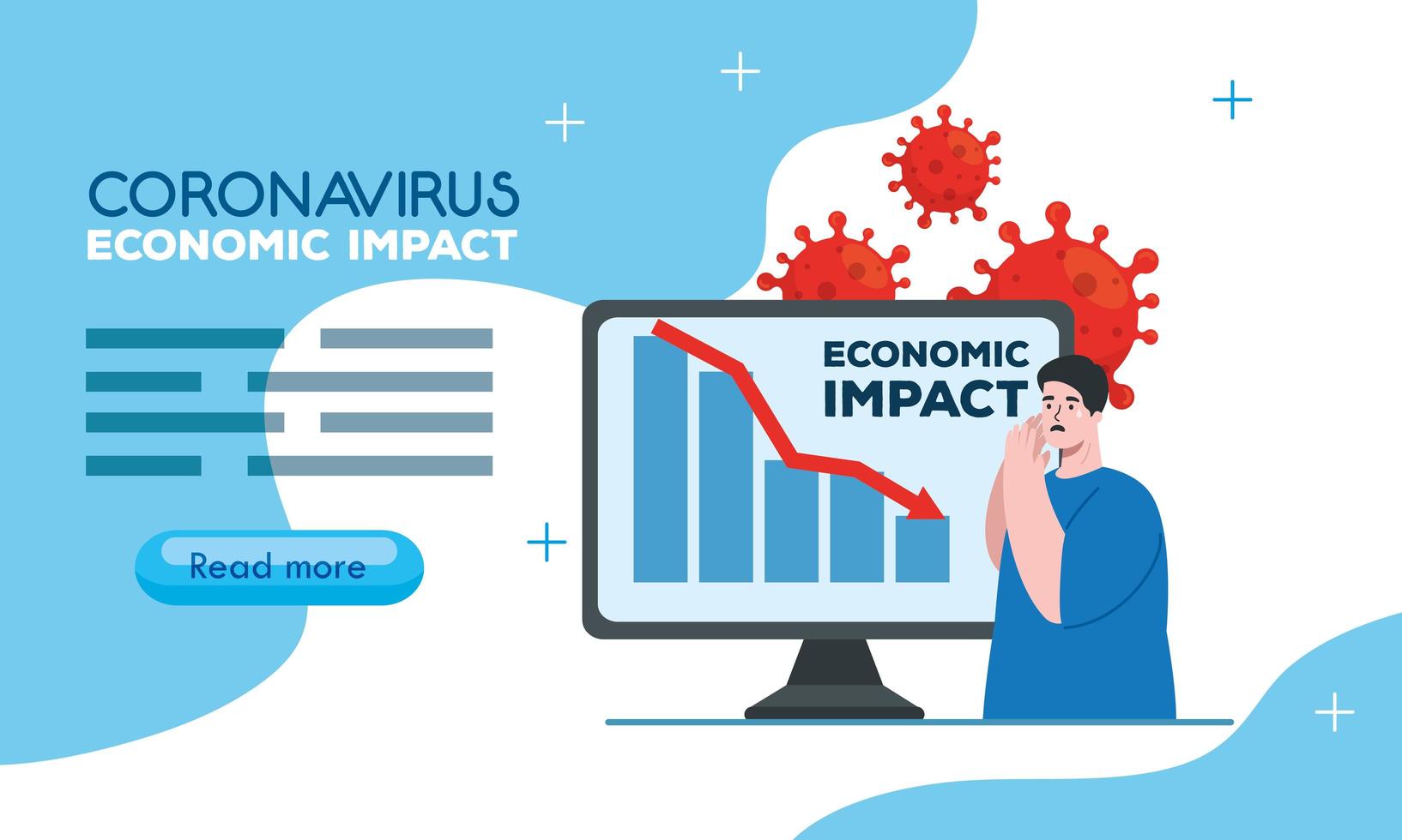 coronavirus 2019 ncov impactam a economia global, covid 19 vírus prejudicam a economia, impacto econômico mundial covid 19, homem e computador com inforgraphic vetor