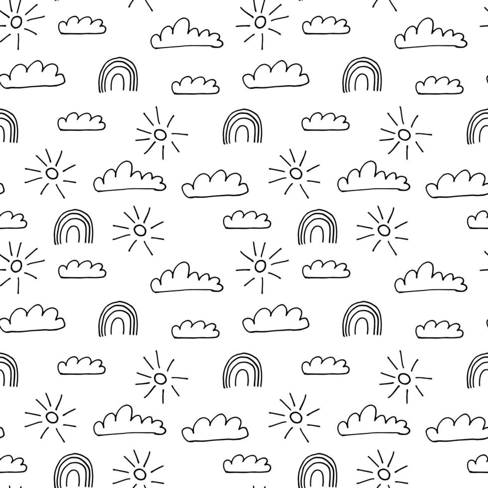 doodle padrão sem emenda com nuvem, arco-íris e sol. padrão de crianças fofas com nuvens desenhadas à mão, sol, arco-íris vetor