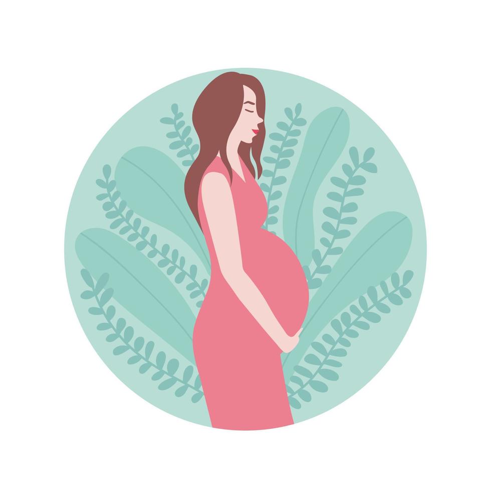 mulher grávida de vetor. mulher segura a barriga. ilustração em vetor estoque. logotipo plano de gravidez. fundo de folhas diferentes.